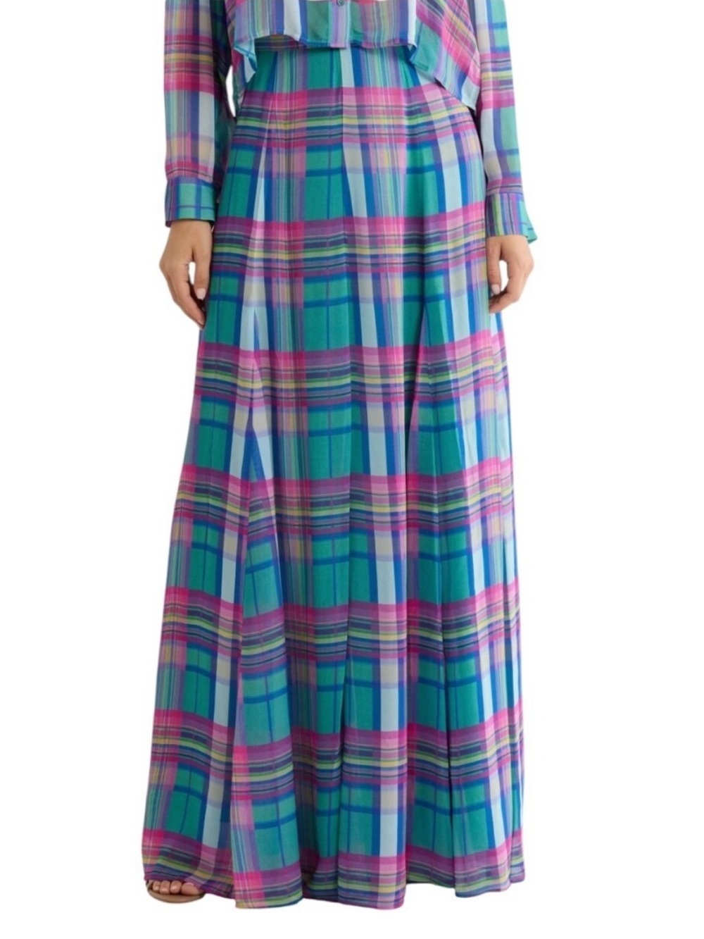 NWT L’Agence Patricia Plaid Maxi Skirt Teal Pink Sz 2 - Picture 2 of 12